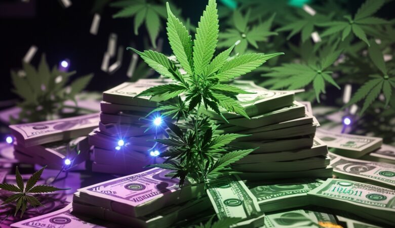 GTA cannabis leaves scattered across stacks of 100 dollar bil 1