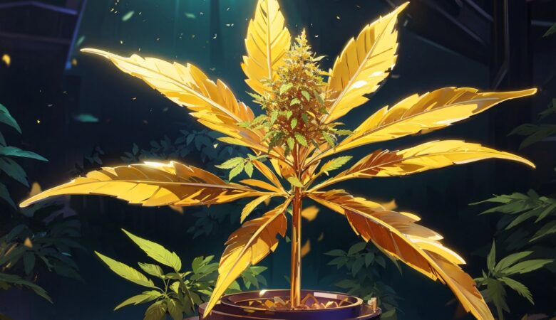 Anime Pastel Dream A resplendent gold cannabis plant its leave 1